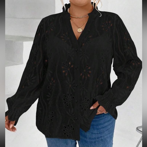 Boho Plus Size Embroidered Hollow Out Frilled Top Blouse Button Up Shirt Black - Picture 4 of 13